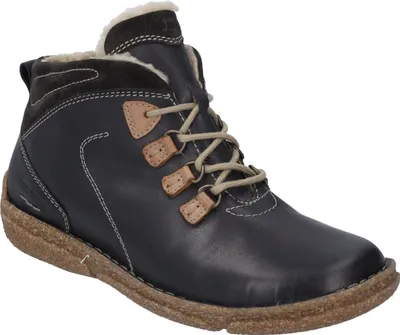 A single black boot with tan laces and trim, set against a white background.