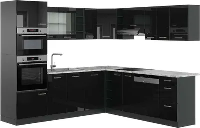 Produktbild von Eckküche Vicco R-Line Schwarz Hochglanz 247 x 60 cm , AP Marmor, Model 43203