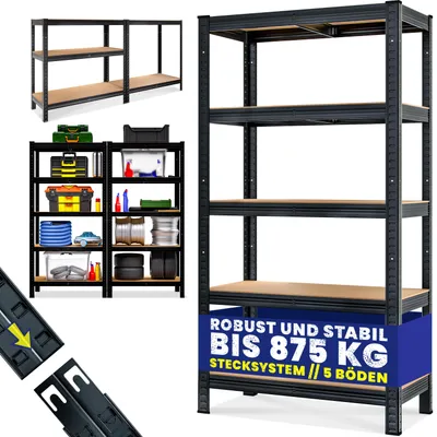 Produktbild von MONZANA® Schwerlastregal 180x90x40cm Befestigungsmaterial 875kg 5 MDF-Platten Kellerregal Lagerregal Steckregal Metallregal Werkstattregal Schwarz