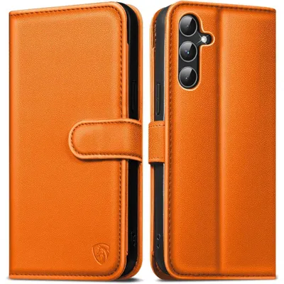 Image de Étui portefeuille en simili cuir, rabattable, pour Samsung Galaxy A54 5G, couleur orange
