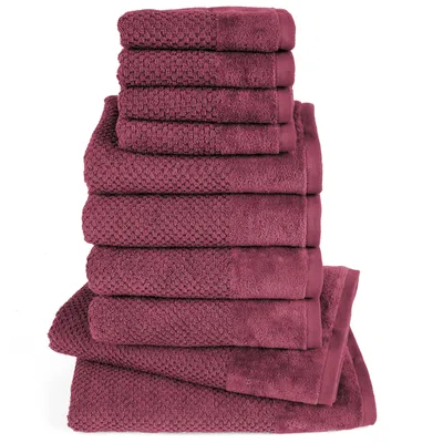 Produktbild von Pure Label 10-TLG Handtücher Set mit Aufhängeschlaufen aus Baumwolle - 2x Badetuch 70x140 cm 4x Handtuch 50x100 cm 4x Gästetuch 30x50 cm, Beere