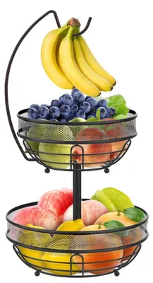Immagine prodotto di Ciotola per frutta in metallo a due livelli con portabannane - Scaffale da cucina nero, removibile