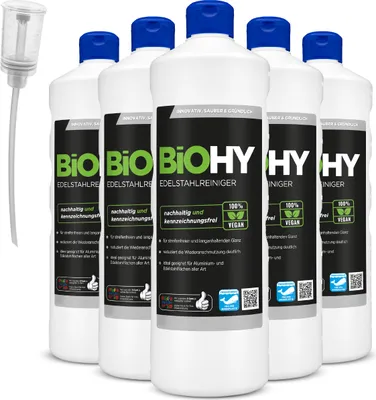 Produktbild von BiOHY Edelstahlreiniger (6x1l Flasche) + Dosierer | Edelstahlpflege für neuen, streifenfreien Glanz | Schutz gegen Fingerabdrücke, Schmierflecken etc. | schonend und nachhaltig