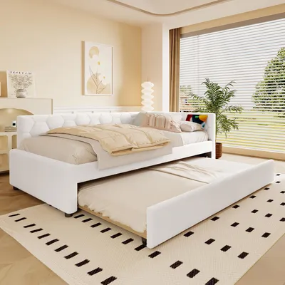Immagine prodotto di Letto da giorno Sweiko, letto da giorno 90x200cm, divano letto, letto con rete a doghe (senza materasso), con lampada da comodino, con letto estraibile multifunzionale, connessione USB, Type-C, materiale comfort, similpile, bianco