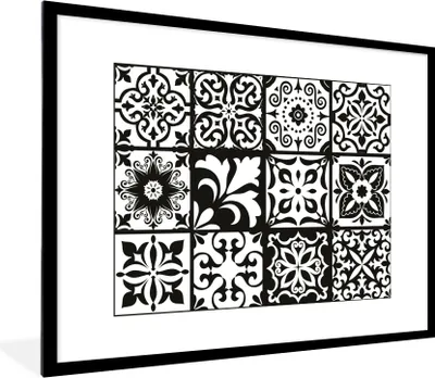 Produktbild von MuchoWow® Gerahmtes Poster Muster - Schwarz - Weiß - Blumen - Abstrakt 80x60 cm - Poster mit Schwarzem Bilderrahmen Wandposter Rahmen Foto Bilder - Schlafzimmer-Dekorationen - Fotoposter