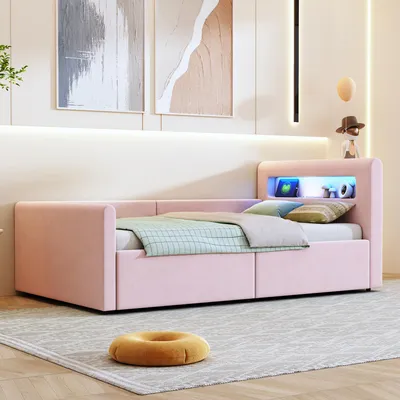 A pink upholstered bed with built-in storage drawers and a headboard with LED lighting in a bedroom setting.