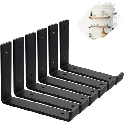 Productafbeelding van Ibenzoa® Zwarte industriële L-vormige wandplanken, set van 6, gemaakt van 5 mm dik staal, gepoedercoat, draagvermogen van 45 kg per paar, inclusief bevestigingsmateriaal