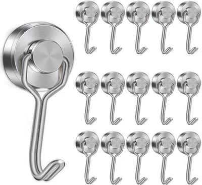 Produktbild von Unyqoos® 16er Set extra starke Magneethaken – 360° drehbar, Neodym-Magnete, Tragkraft bis 15 kg, Metall, für Küche, Büro & Zuhause