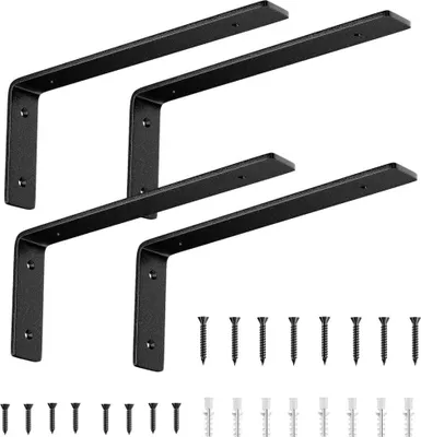 Four black metal shelf brackets are arranged in two rows, with screws and wall anchors laid out below them.