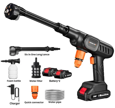 Immagine prodotto di Idropulitrice a batteria - Pistola a getto d'acqua 6-in-1 per auto e giardino - 18V - 10 l/min - Tubo da 4–5 m - 2 batterie da 6000 mAh