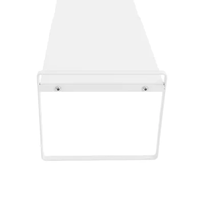 A close-up, straight-on view of a white kitchen shelf or rack, designed to be mounted inside a cabinet.