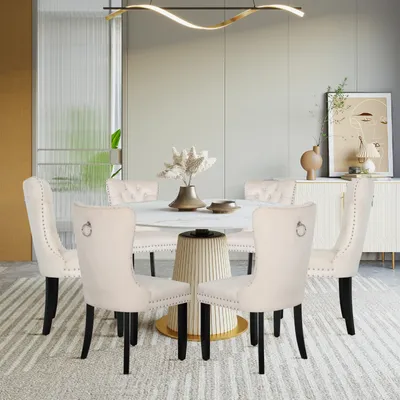 Produktbild von Puluomis Esszimmerstühle 6er sets Samt Stuhl Küchenstuhl Polsterstuhl Esszimmer Sessel mit Holzbeine und Nagelkopf, Elegant und Edel, Beige