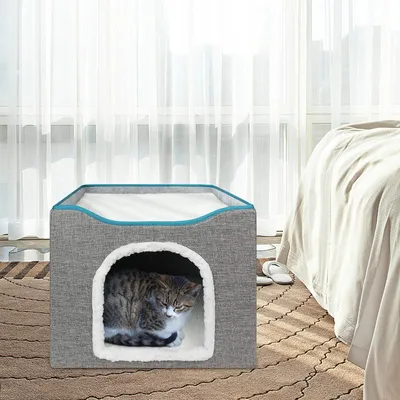 Produktbild von Faltbares Katzenbett großes Katzenhaus Höhle für Hauskatzen mit Kratzbrett und Spielball 40 x 40 x 32 cm grau