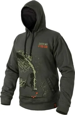 A dark gray hooded sweatshirt with a graphic of a fish and text.
