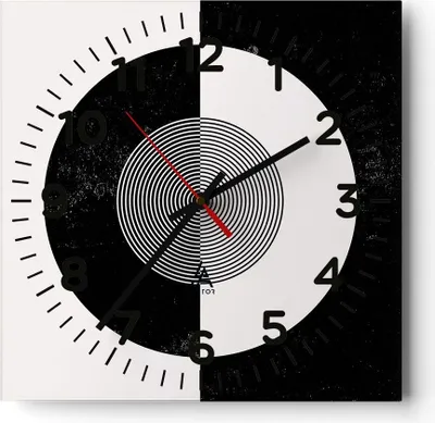 Produktbild von Wanduhr - Quadrat - Glasuhr - Abstraktion Rad Schwarz und Weiß - 30x30cm - Schleichendes Uhrwerk - Lautlos - zum Aufhängen bereit - Dekoration Modern - Wanddekoration aus Glas - C4AC30x30-4316