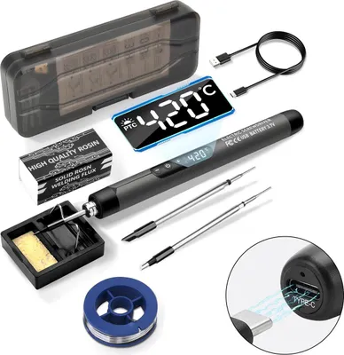 Produktbild von Akku-Lötkolben-Set mit 5 Temperaturstufen – 260-420℃, 3 Lötspitzen, Lötdraht & Paste