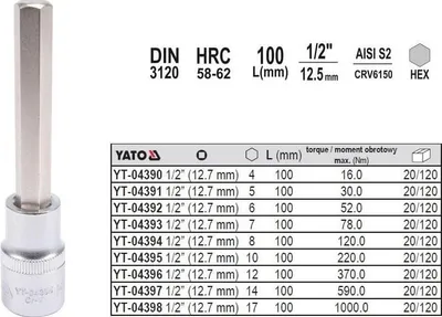Produktbild von YATO Steckschlüsseleinsatz YT-04391 100mm Chrom-Vanadium-Stahl Werkzeugstahl
