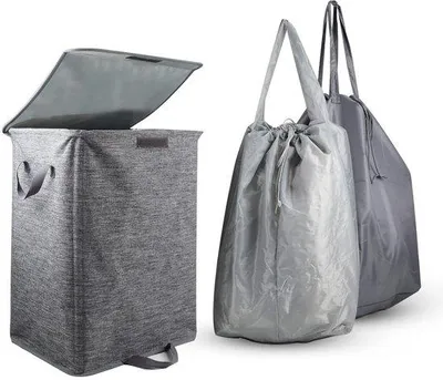 Image de Panier à linge pliable de 72 litres avec couvercle et sacs à linge amovibles, gris, poignées, compact