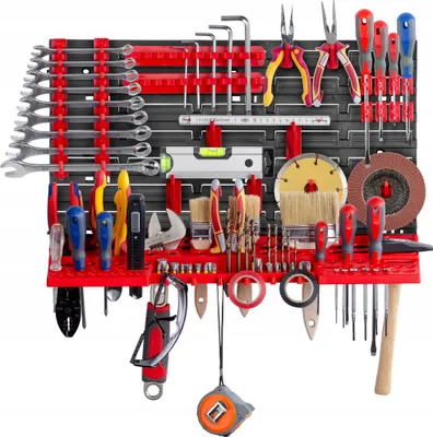 A well-organized tool rack filled with various tools.