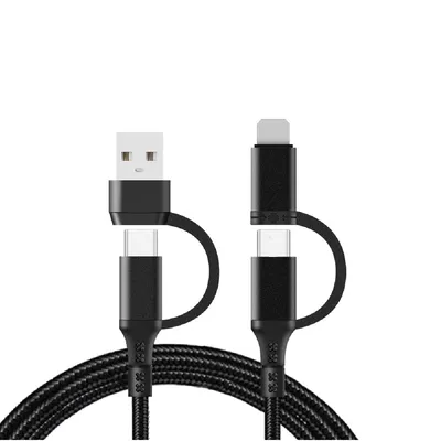A black multi-charger cable with USB-C and Lightning connectors is shown against a white background.