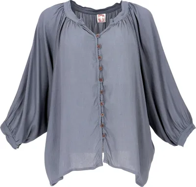 Produktbild von Luftige Boho Bluse, Oversize Hemdbluse, Maxibluse - Blaugrau, Damen, Viskose, Blusen & Tunikas