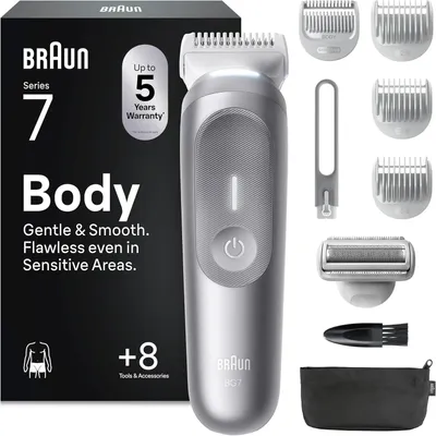 Produktbild von Braun Bodygroomer Series 7, Kabelloser Körperrasierer Herren, BG7555, Grau - Trimmer für Intimbereich und Körper, Körperhaartrimmer mit 100 Min. Akku, Wasserdicht, Inkl. 8 Zubehörteile Und Etui