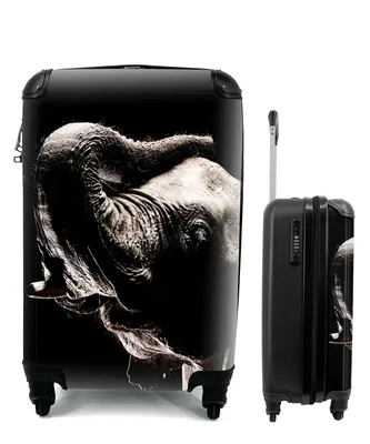 Produktbild von MuchoWow® Koffer Handgepäck Trolley Rollkoffer Kleine Reisekoffer mit 4 Rollen - Elefant - Schwarz - Tiere - Porträt - Cabin Size < 55x40x23 cm & 55x40x20 cm - Fotokoffer - Kabinenkoffer - Boardgepäck - Reise-Box - Reisekoffer - Reisegepäck - Koffer mit Bild - Trolley für Kinder