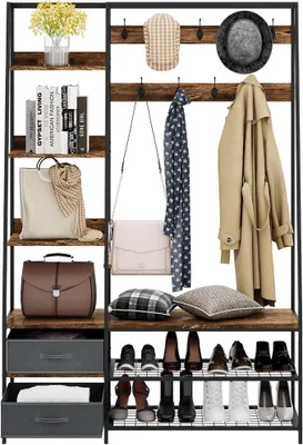 Imagen del producto de Perchero Silecomplaza con banco, armario con 6 estantes, 9 ganchos dobles, 2 cajoneras y estante para zapatos, armario industrial para pasillo y dormitorio, 122 x 40 x 180 cm