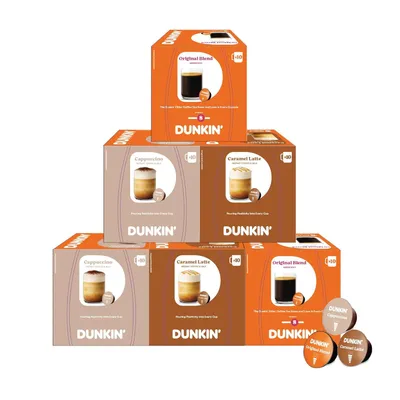 Produktbild von Dunkin’ Donuts Variety Box – 60 Kaffeekapseln, 3 Sorten: Cappuccino, Caramel Latte & Original Blend, kompatibel mit Dolce Gusto Kapselmaschinen