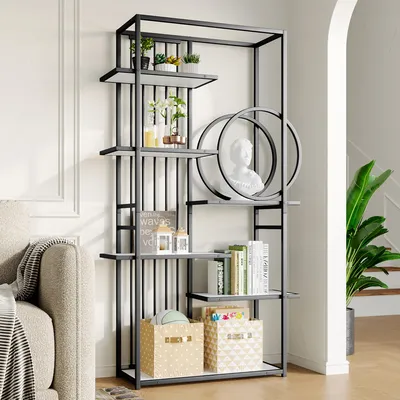 Image de Fortuna Lai 100 x 30 x 180 cm Étagère métallique de style moderne, tube d'acier solide, structure géométrique, design à plusieurs niveaux, décoration ronde, adaptée à la décoration intérieure, blanc + noir