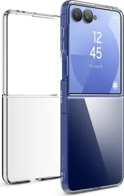 A clear protective case for a foldable smartphone is shown.