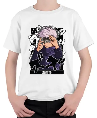 Obrázek produktu pro 五条悟 Jujutsu Kaisen Satoru Zavázané oči Bílé vlasy Estetika Anime Uni dětské tričko, Bílá, 116