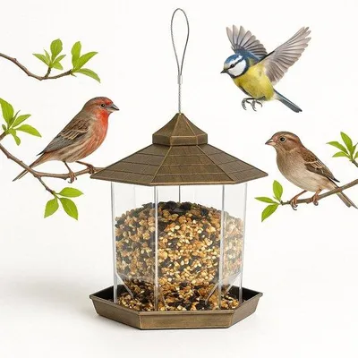 Image de Mangeoire à oiseaux - Mangeoire suspendue - Mangeoire à toit pour oiseaux sauvages, élément de décoration de jardin.