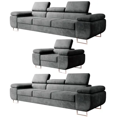 Three views of a gray sectional sofa.