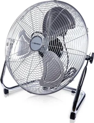 A chrome floor fan is shown against a white background.