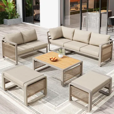 Immagine prodotto di Set da giardino Flieks, 6 pezzi, 7 posti, divano da giardino in corda intrecciata a mano, set di mobili da giardino in ferro, set divano e mobili da balcone con cuscini, beige