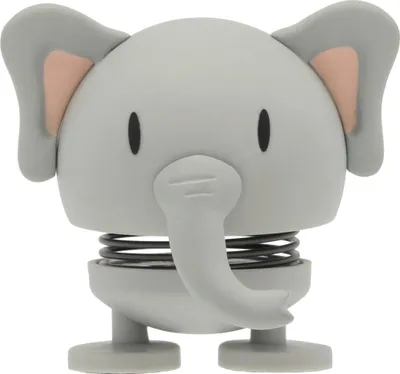A close-up studio shot of a grey elephant bobblehead toy with pink inner ears, standing on a white background.