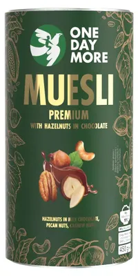 Produktbild von OneDayMore Premium-Müsli mit Haselnüssen in Milchschokolade, 450 g