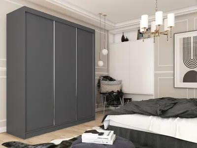 Obrázek produktu pro Moderní Šatní Skříň Šedá s Posuvnými Dveřmi 120 150 180 200 cm - Šedá Šatní Skříň do Ložnice s Posuvnými Dveřmi - Šatní Tyč  - 180 cm – Šedá