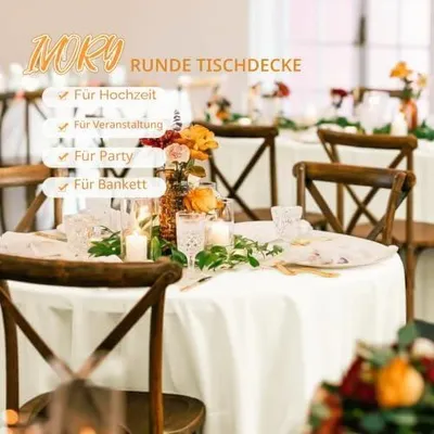 Produktbild von 12 Stück runde Tischdecken in Elfenbein, Polyester, 228 cm, waschbar für Hochzeiten, Partys, Bankette, Esszimmer und Buffets