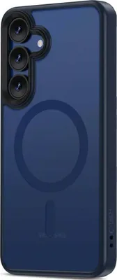 A dark blue phone case with a MagSafe ring is shown from the back.