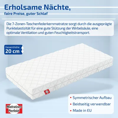 Produktbild von Matratze 7 Zonen Taschenfederkern Köln 160x200cm H4 20cm hoch Hochwertige Kaltschaumpolsterung Abnehmbarer waschbarer Bezug