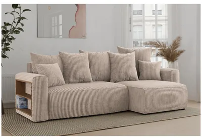 Produktbild von MEBLINI Schlafcouch mit Bettkasten - 238x142x73cm - Beige Cordstoff - Solaria - Kleines Ecksofa mit Schlaffunktion - Sofa mit Relaxfunktion und Kissen - Kleine Couch L-Form - Eckcouch