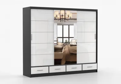 Produktbild von FRENCE Schwebetürenschrank 253 cm Schwarz Matt/Weiß Hochglanz mit Spiegel, großer Kleiderschrank 2-türig mit Schubladen