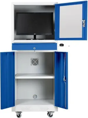 A mobile industrial PC cabinet with a monitor, drawer, and two doors.