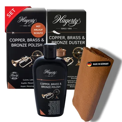 Produktbild von Hagerty Set Copper Brass & Bronze Polish 250 ml + Duster für Vasen Bronze Messing Kupfer I Politur & Poliertuch für erneuerten Glanz und Pflege