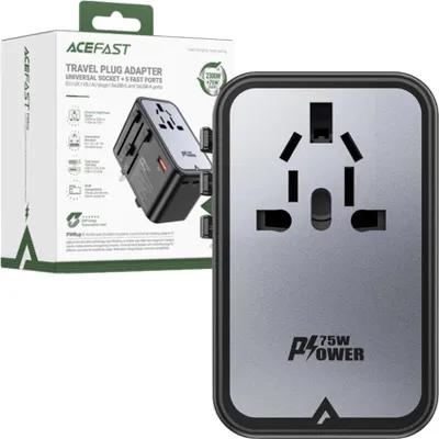Immagine prodotto di Adattatore da viaggio Acefast Z1 Gan 75W Pd 3X Usb-C 2X Usb-A - nero