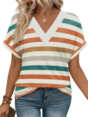 Produktbild von ASKSA Damen T-Shirt V-Ausschnitt Kurzarm Bluse Elegant Sommer Casual Einfarbig Shirts Basic Tunika Tops Locker Oberteile (Streifen Orange,M)