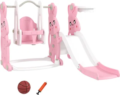 Produktbild von AIYAPLAY 4-in-1 Kinderspielplatz mit Rutsche und Schaukel, Klettergerüst, Basketballkorb, Rutsche und Schaukel, Hasenmotiv, für drinnen und draußen, für Kinder von 1,5 bis 4 Jahren, Rosa