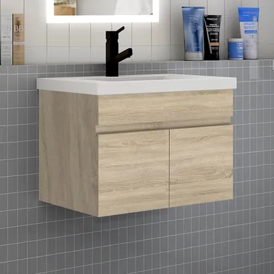 Produktbild von Badezimmer Badmöbel 60 cm Dickes Keramik Waschtisch mit Unterschrank Hängeschrank Badezimmerschränke Badschrank mit 2 Türen Eiche